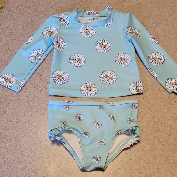 Carter's Aqua Daisy Kids Swim Rashguard 2 Piece Set Size 12 Months - Picture 1 of 6